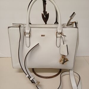 DKNY White Satchel with Gold Accents and Charm Detail